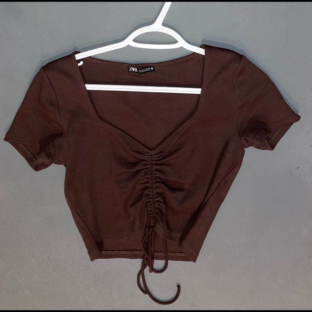 ZARA Ruched Ribbed Top Short Sleeve